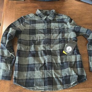 VOLCOM NWT Boys Size 10y/12 flannel button down shirt. Black w/lt grn & blue